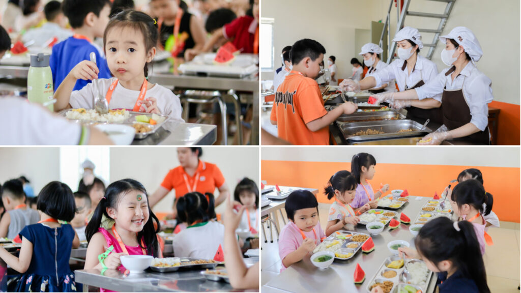 Các con học sinh thưởng thức bữa trưa ngon miệng, giàu dinh dưỡng tại nhà ăn FPT Schools Cầu Giấy