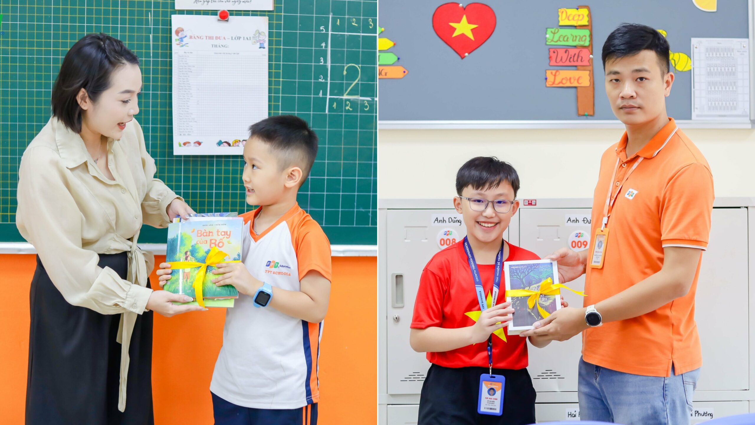 Chuỗi hoạt động chào năm học mới tại trường TH&THCS FPT Cầu Giấy 4 Thầy cô Phòng Công tác Học sinh trao sách cho học sinh, khởi đầu năm học bằng món quà tri thức.