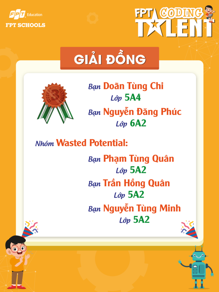 03 giải Đồng thuộc về Nhóm Wasted Potential (5A2), Doãn Tùng Chi (5A4), và Nguyễn Đăng Phúc (6A2)