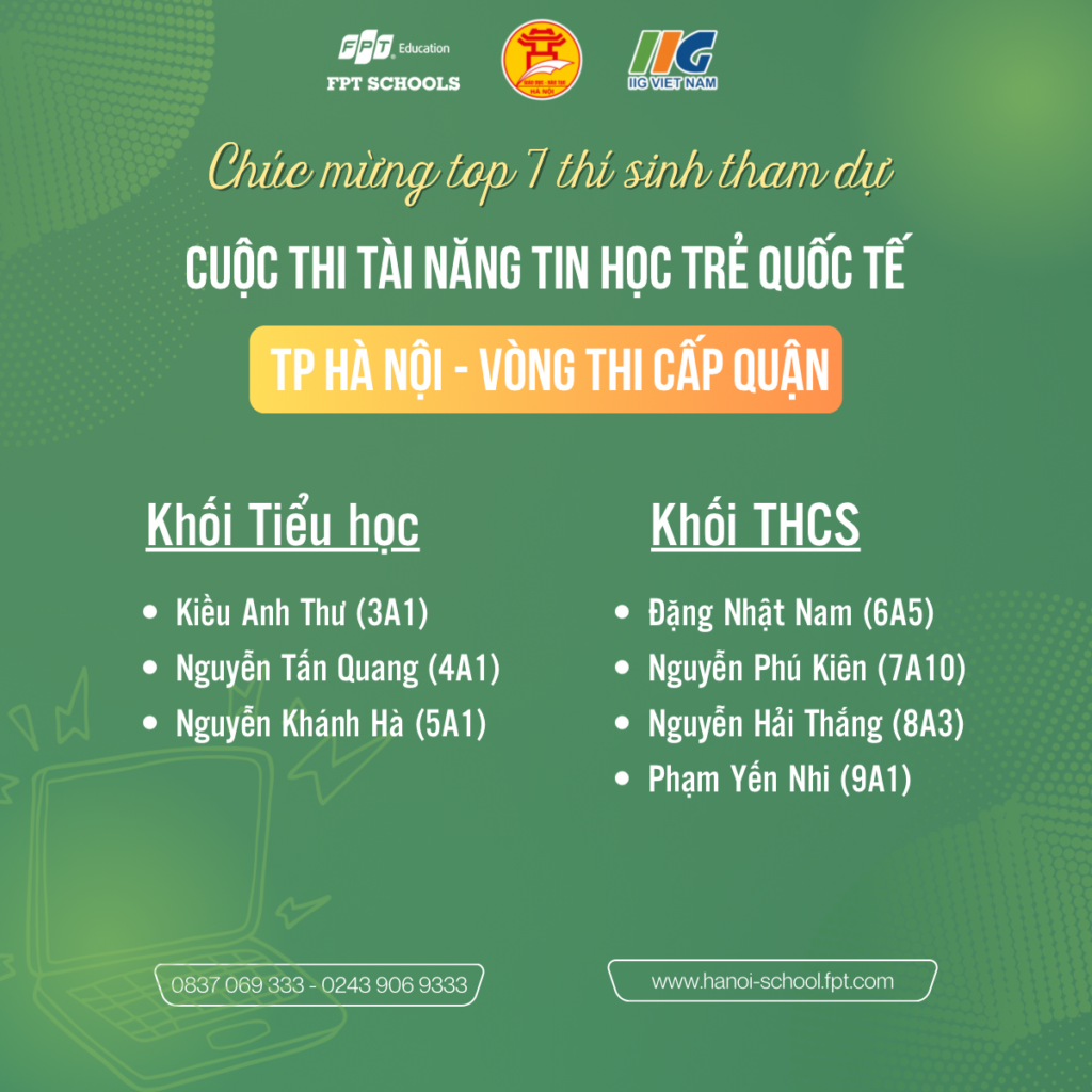 Chúc mừng top 7 thí sinh tham dự cuộc thi “Tài năng Tin học trẻ quốc tế - thành phố Hà Nội” 