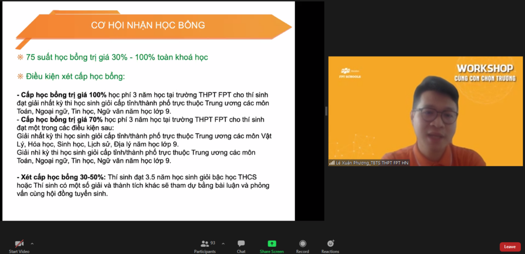 Thầy Lê Xuân Phương – Trưởng ban Tuyển sinh THPT FPT (cơ sở Hòa Lạc) chia sẻ với phụ huynh khối 9 FPT Schools Cầu Giấy trong workshop “Cùng con chọn trường”
