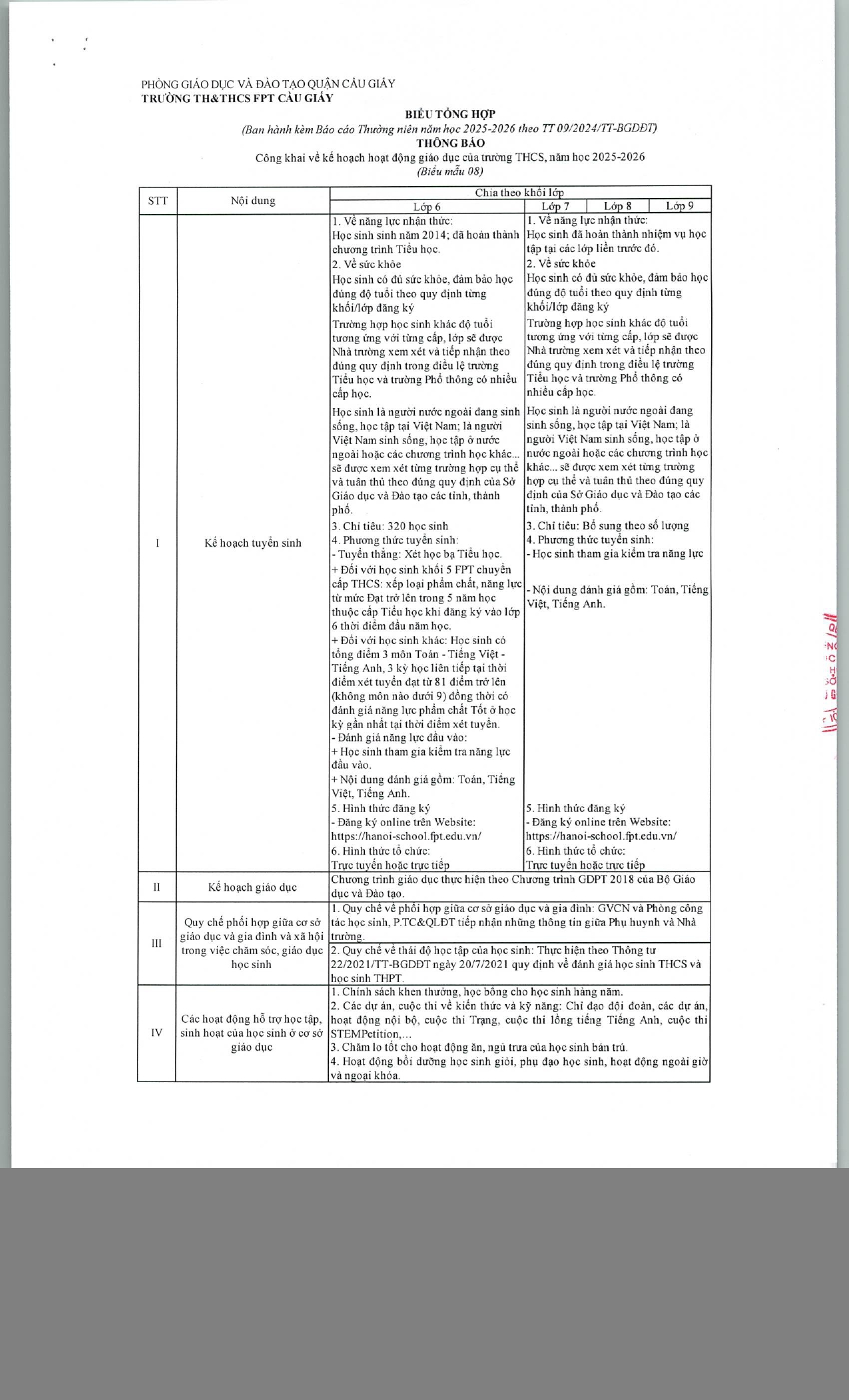Công khai về kế hoạch hoạt động giáo dục của trường THCS, năm học 2025-2026