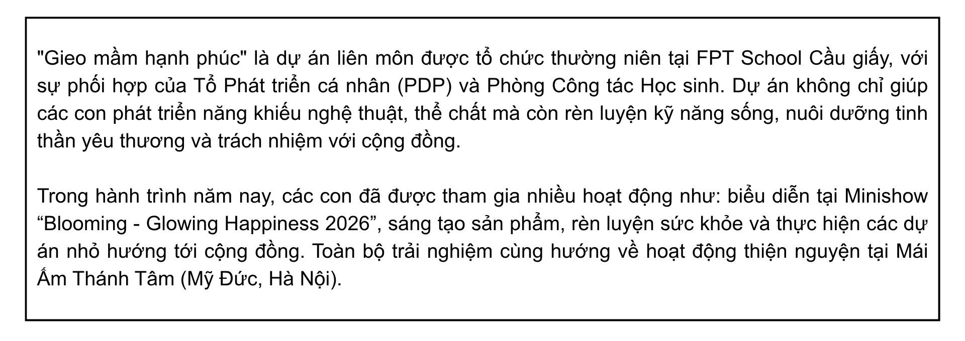 Gần 130 triệu đồng được học sinh nhà FPT School Cầu Giấy gây quỹ, cùng lan tỏa yêu thương đến Mái ấm Thánh Tâm - FPT Education Gần 130 triệu đồng được học sinh nhà FPT School Cầu Giấy gây quỹ, cùng lan tỏa yêu thương đến Mái ấm Thánh Tâm | FPT Schools