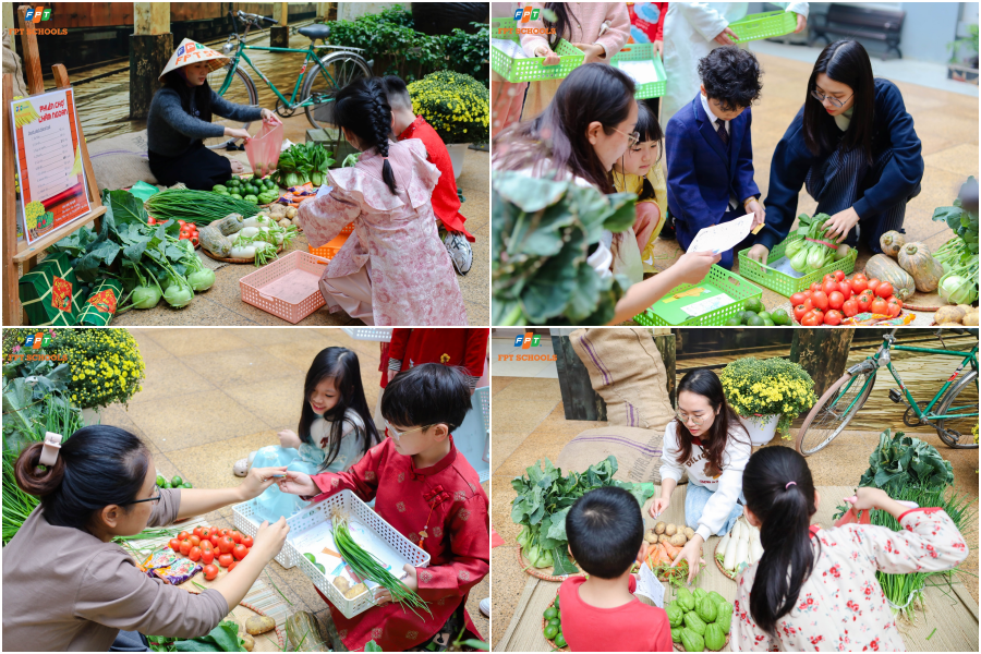 Thầy cô hướng dẫn các bạn nhỏ chi tiêu thông minh qua hoạt động mua rau củ