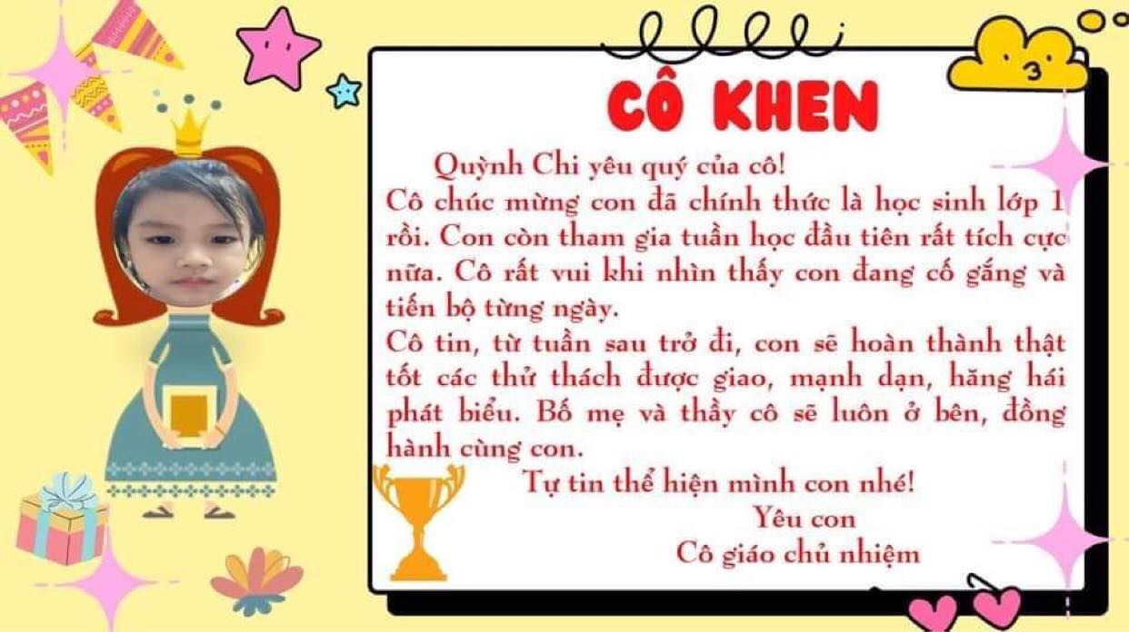 Lời nhắn nhủ tình cảm cô giáo gửi tới Quỳnh Chi, học sinh lớp 1A  