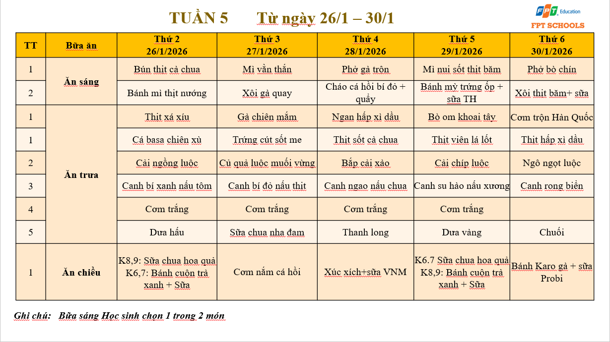Thực đơn tháng 1.2026 khối THCS 4 THCS4