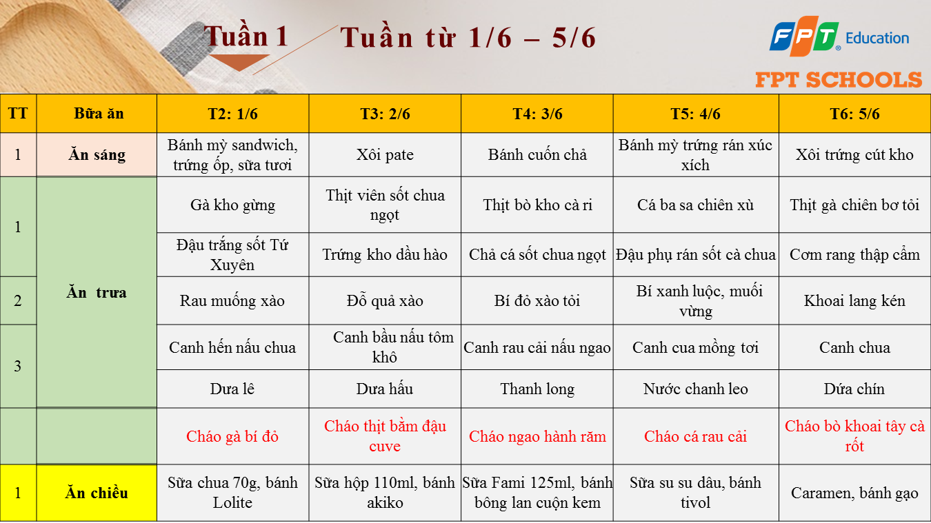 thực đơn tháng 6