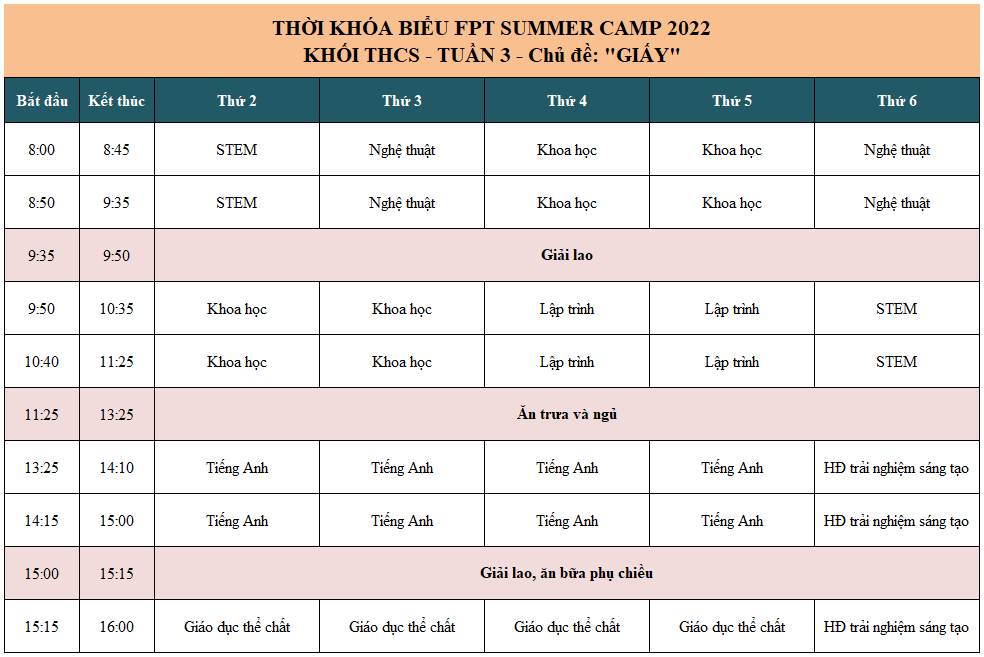 TKB Summer Camp Khối THCS - Tuần 3 - Chủ đề Giấy