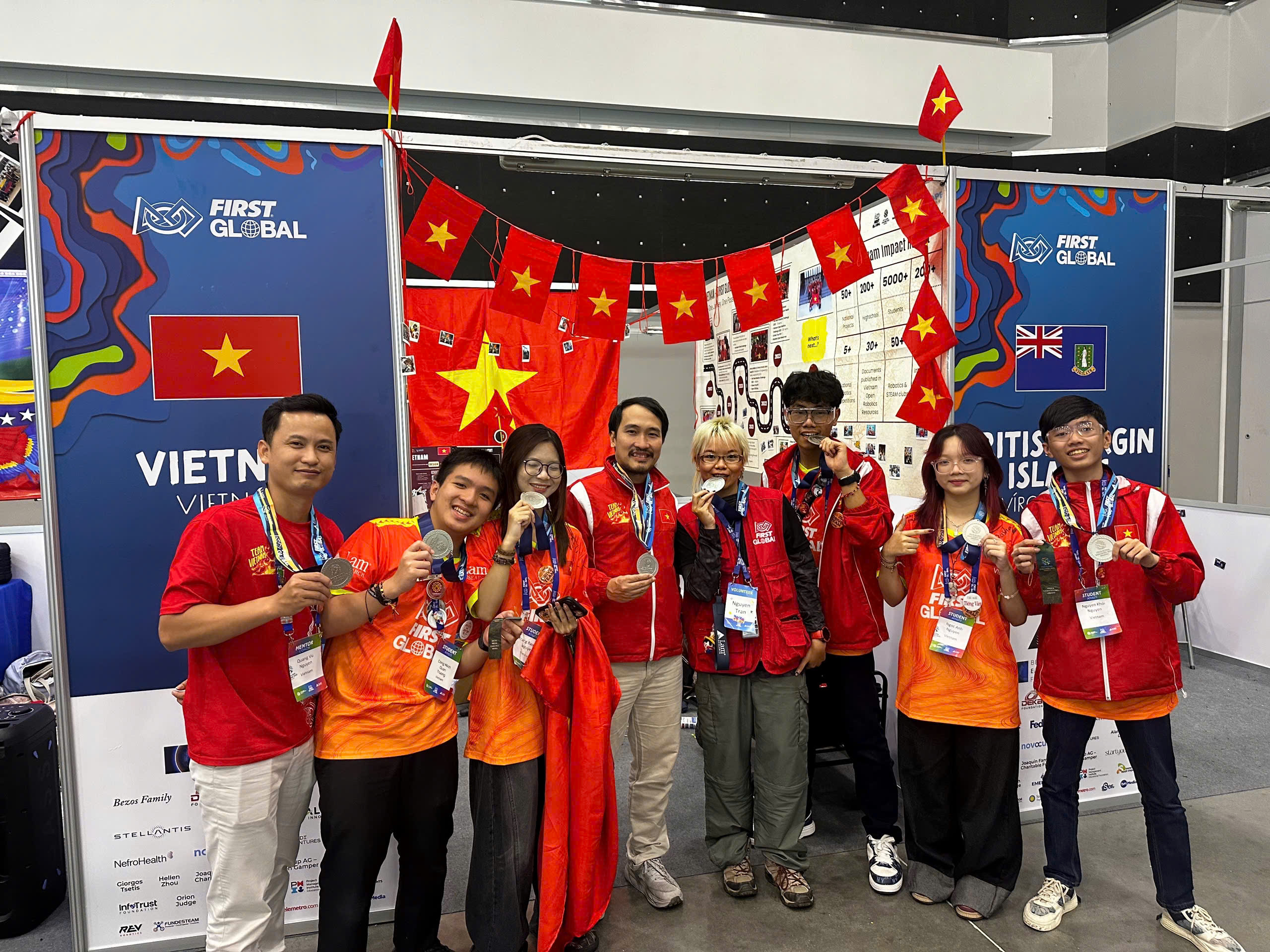 Trương Công Minh Quân (THPT FPT Đà Nẵng – thứ hai từ trái sang) và Nguyễn Trang Bảo Thy (THPT FPT Cần Thơ – thứ ba từ trái sang) cùng đội tuyển thi đấu trực tiếp tại FIRST Global Challenge (Panama) ngày 1/11 vừa qua