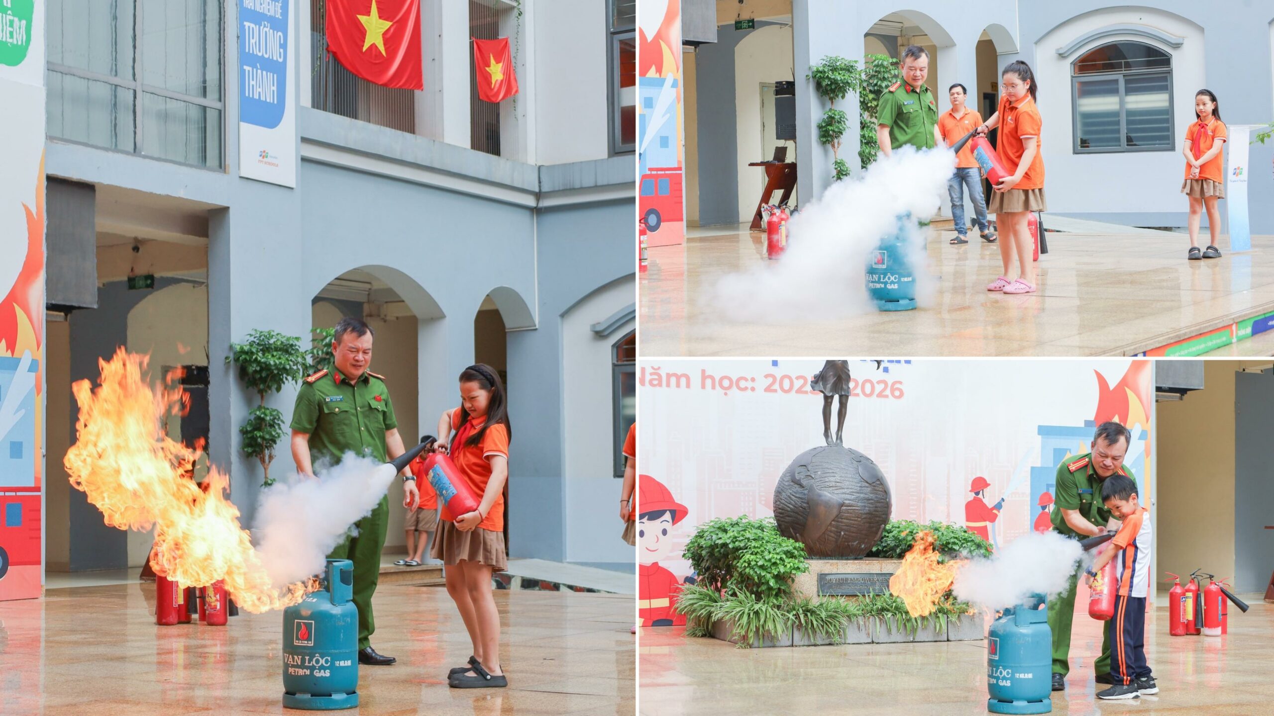 Học sinh Tiểu học hào hứng thực hành dập lửa bằng bình chữa cháy trong sân trường.