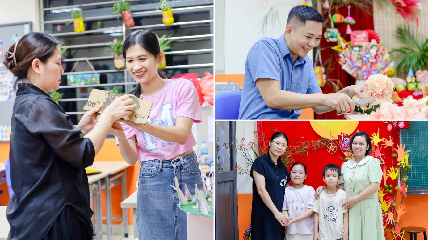 Học sinh cùng phụ huynh và thầy cô say mê hoàn thiện “ngõ trăng” của lớp.
